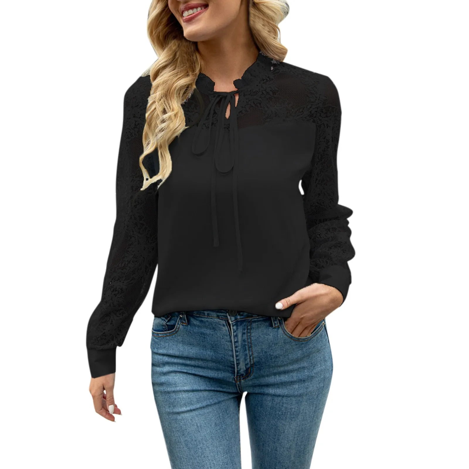 Long Sleeve Shirts for Women,Womens Solid Button Lace Shirts Long-Sleeved Casual Tunic Tops Pullover Tee Shirts Blouses 