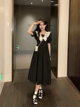 Fairy Lace Cute Woman Dress Kawaii Short Sleeve Dresses for Women Black Midi Harajuku Elastic Elegant Luxury Hot One-piece Party 1