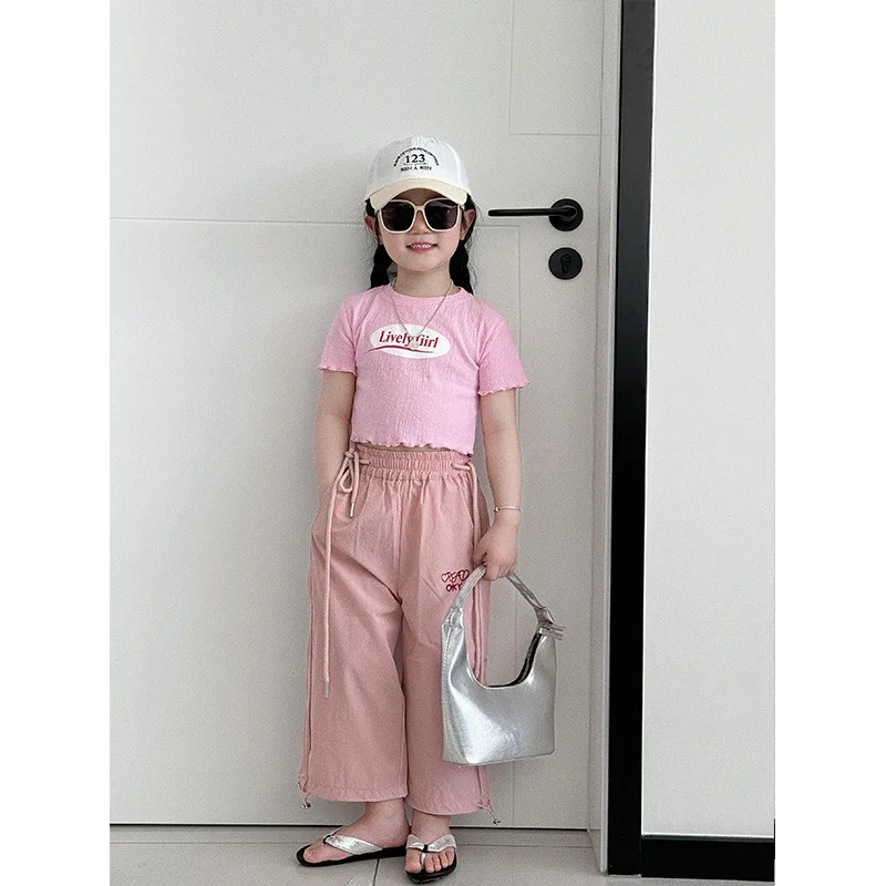 

Deer Girls' T-Shirt 2024 Spring New Children's Fashionable High Elastic Letter Sleeve T Girl Sweet Short Top