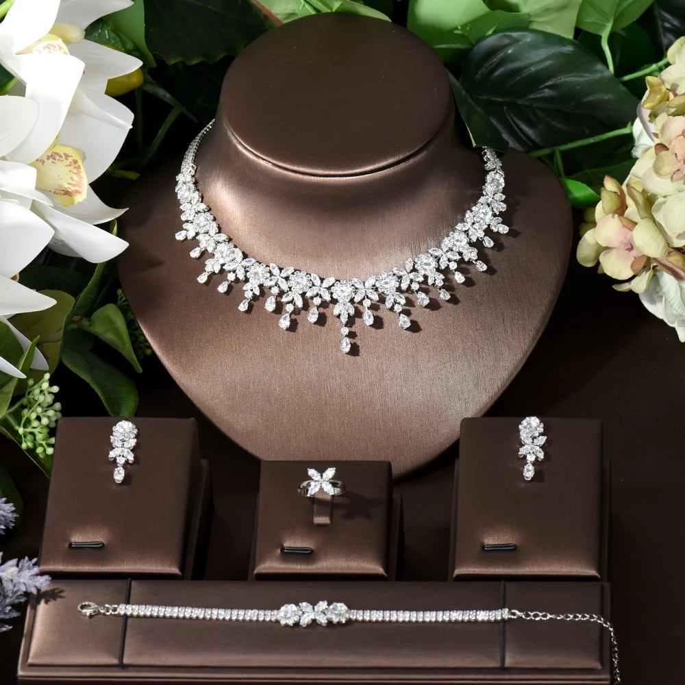 

Fashion Elegant Bridal Wedding Party Necklace And Earring Set Leaf Flower Design CZ Women Jewelry Sets Boutique Zircon N-435