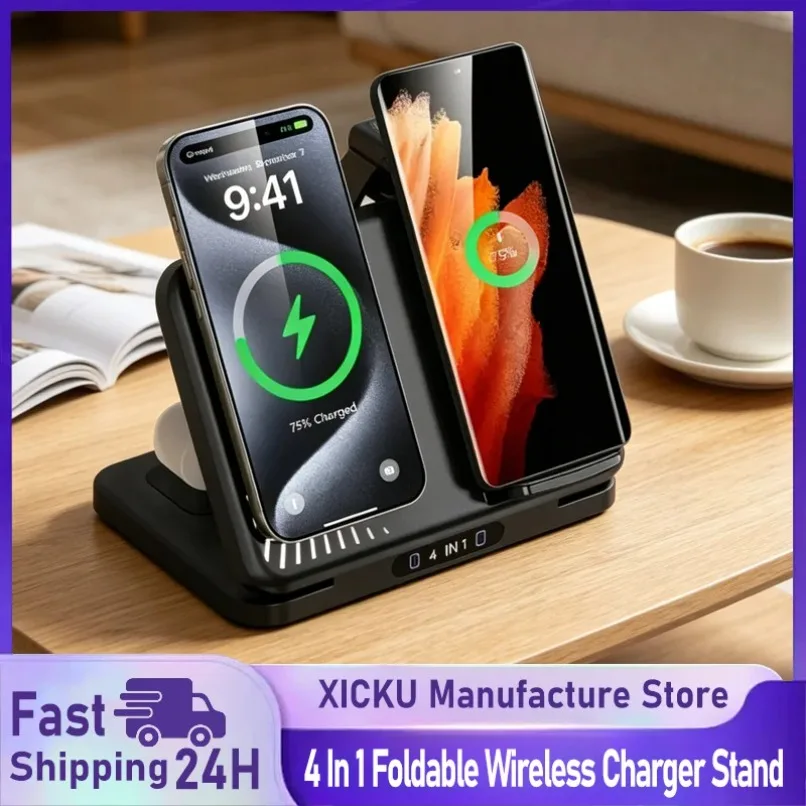 MagSafe 4 In 1 듀얼 폰 무선 충전기 스탠드 iPhone iWatch AirPods용 고속 충전 스테이션 사무실 충전 액세서리
