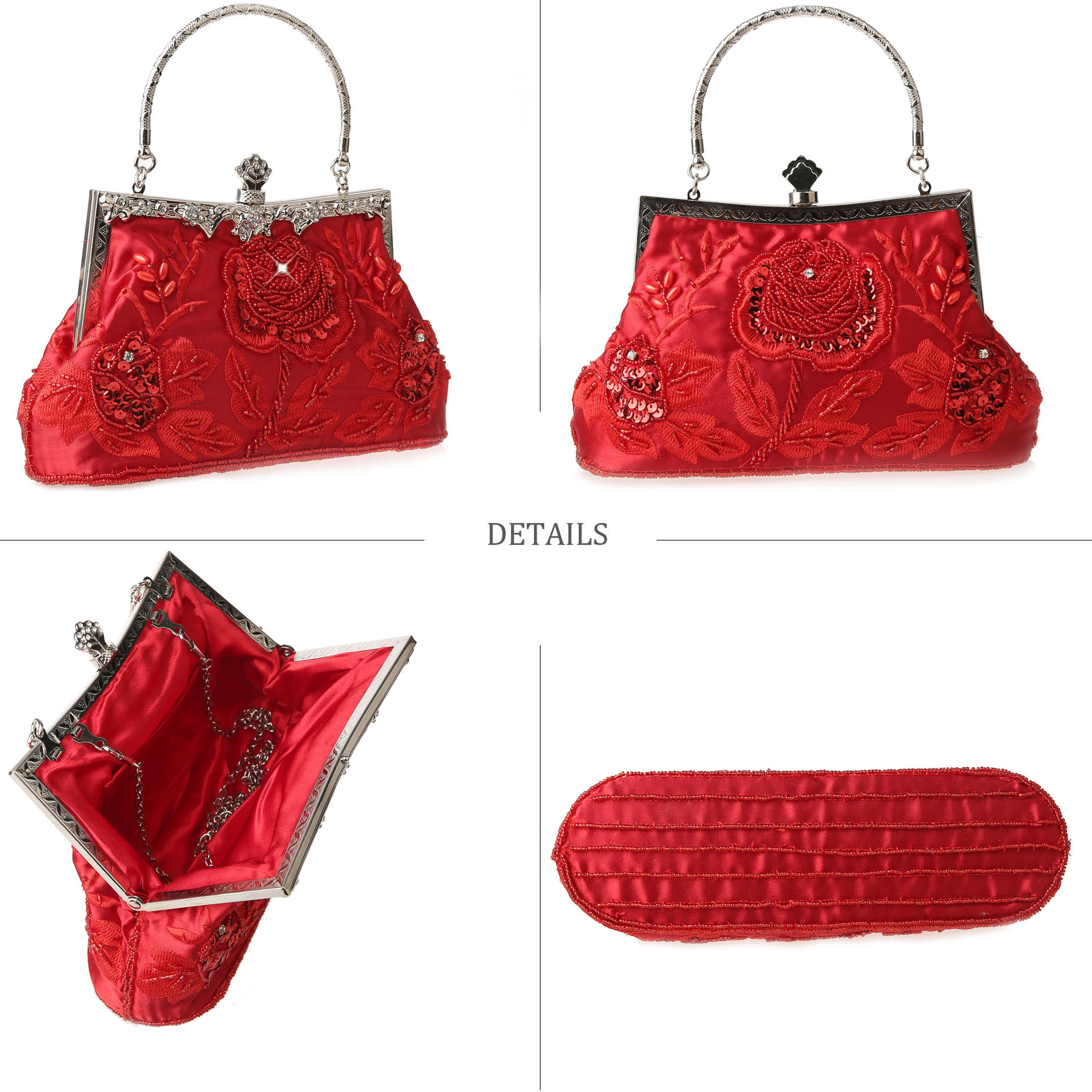 Luxy Moon Red Vintage Embroidered Clutch Side and Inside View