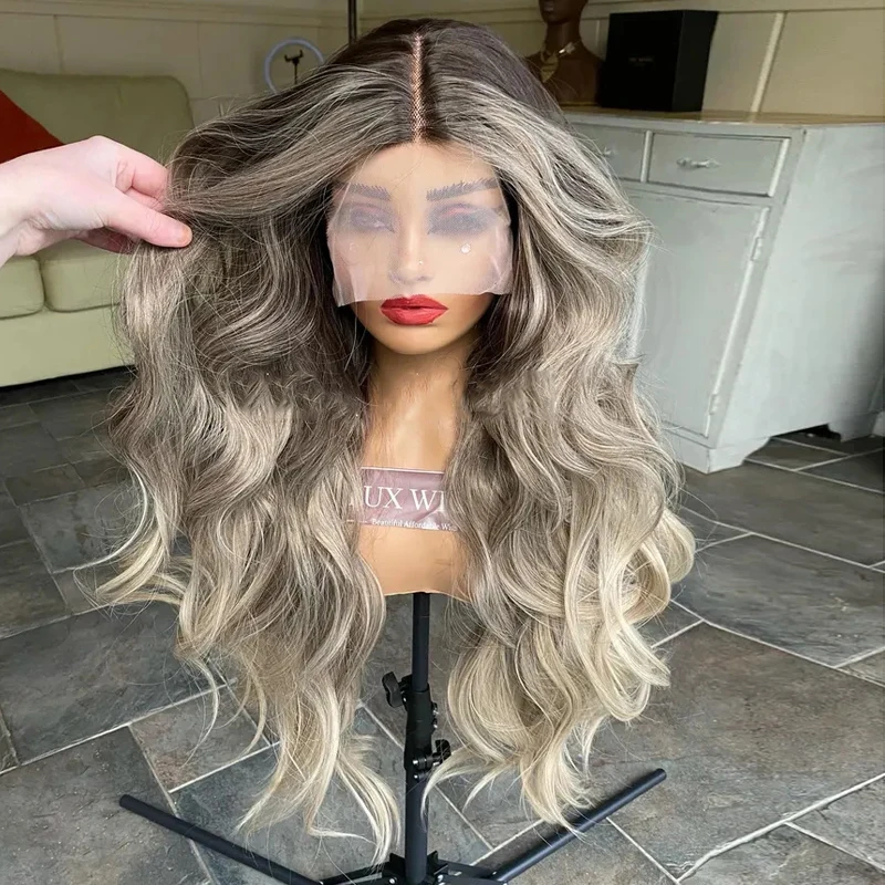 Dark Ash Blonde Grey Highlights Synthetic Blended Wigs 28 inches Long Body Wave Wig Ombre Dark Roots Lightwight Ladies Wig