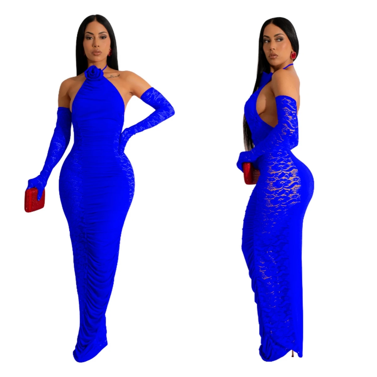 

Hollow Out Lace Patchwork Evening Party Long Dresses with Gloves Women Elegant Flower Halter Backless Ruched Bodycon Maxi Dress