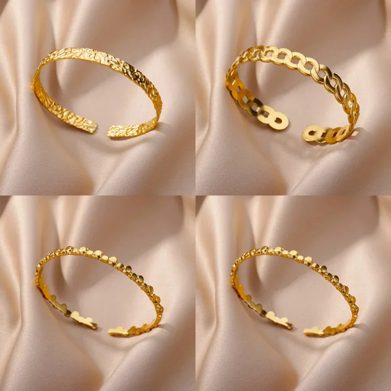 

Gold Plated Bracelet Women's Open Adjustable Stainless Steel Cuff Bracelet Vintage Jewelry LL135