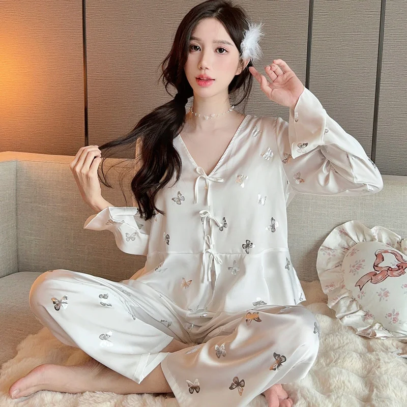 Summer Chinese Style Button Satin Leisure Ice Silk Home Clothes Sequin Butterfly Women Long-sleeved Trousers Sleepwear Set