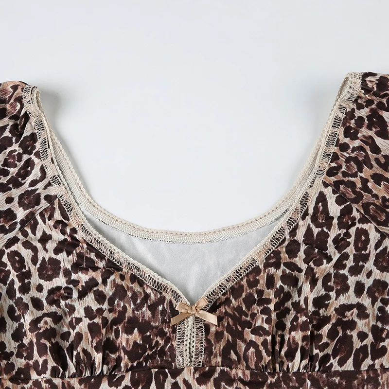 Off Shoulder V Neck Cute Y2K Sexy Leopard Top Tee Brown Vintage Aesthetic Slim Short Women Cropped T ShirtSleeve