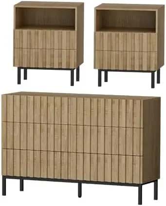 

Modern Dresser/Vanity & nightstand Sets for Bedroom,2 Drawers Nightstand Set of 2 & 6/3 Drawer Dresser Combo 3 Pcs,Natural/Brown