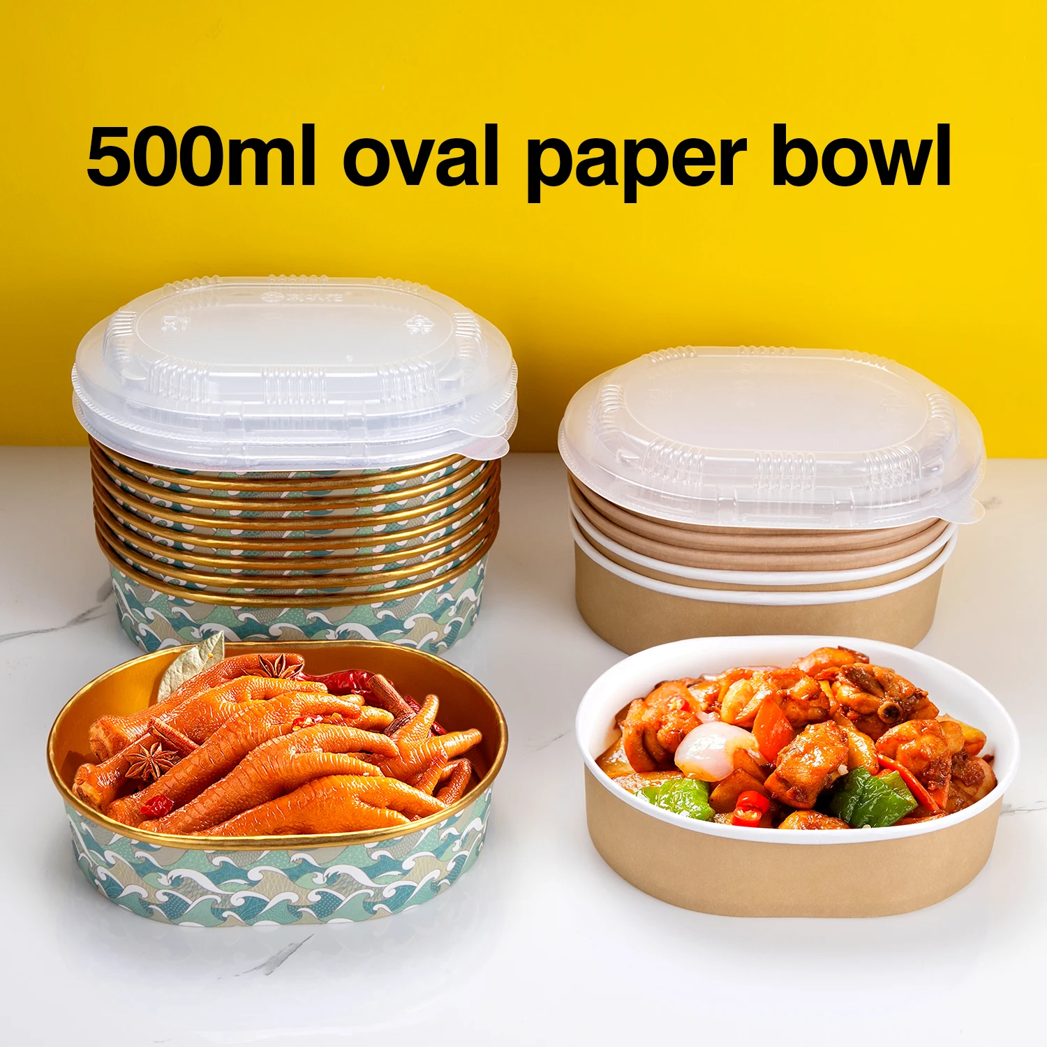50pcs 500ml paper bowls oval shaped lunch boxes pasta salad snack