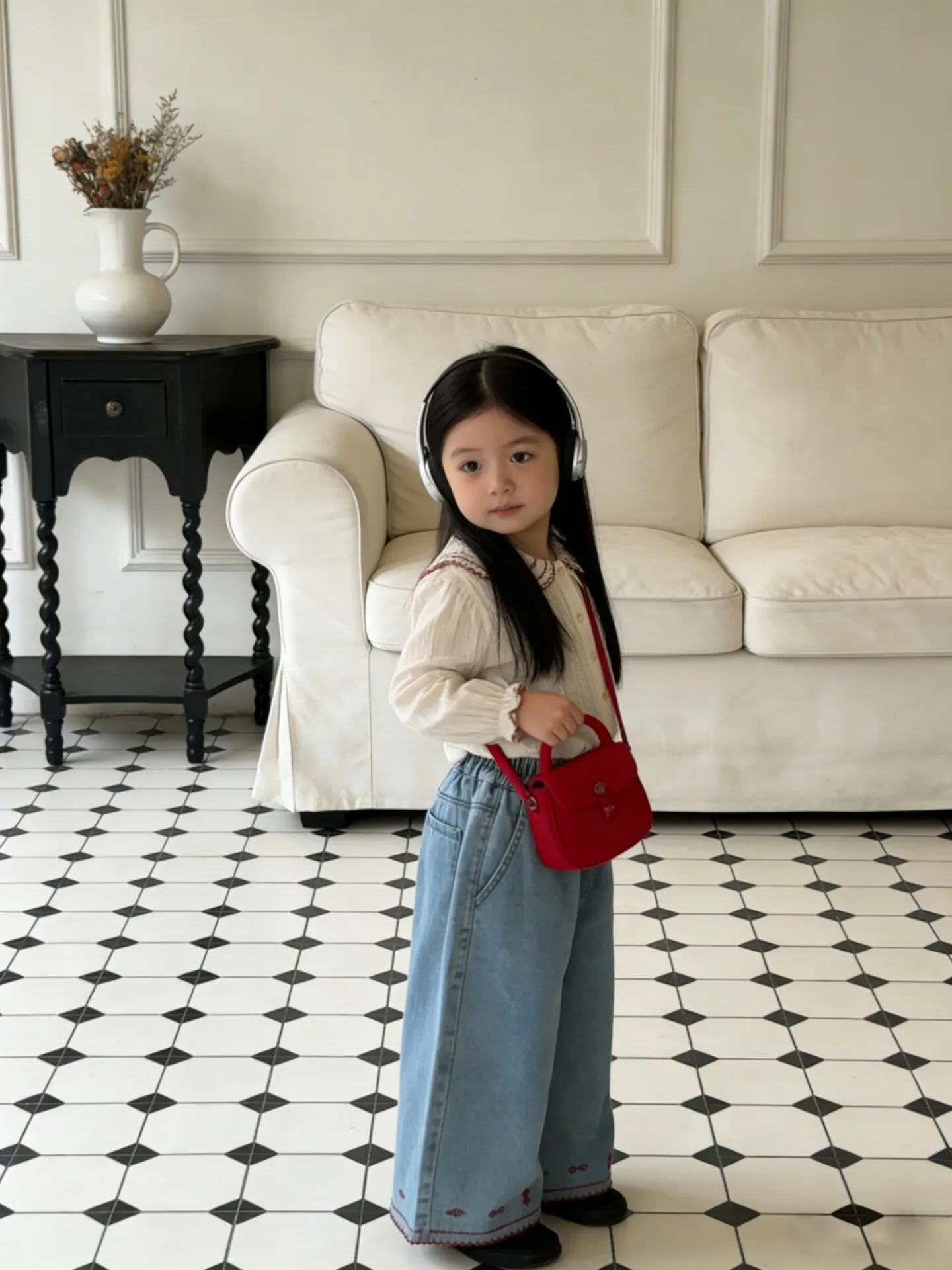 YMGN  여아 블루 데님 스커트, 신축성 있는 허리 레드 자수 밑단 캐주얼 A라인 미디 키즈 하의