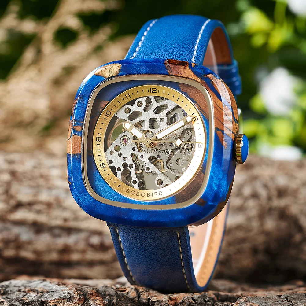 BOBO BIRD Men's Watches Mechanical Watch Wood&Resin Leather Straps Wristwatches Gift With Wooden Box For Men Custom