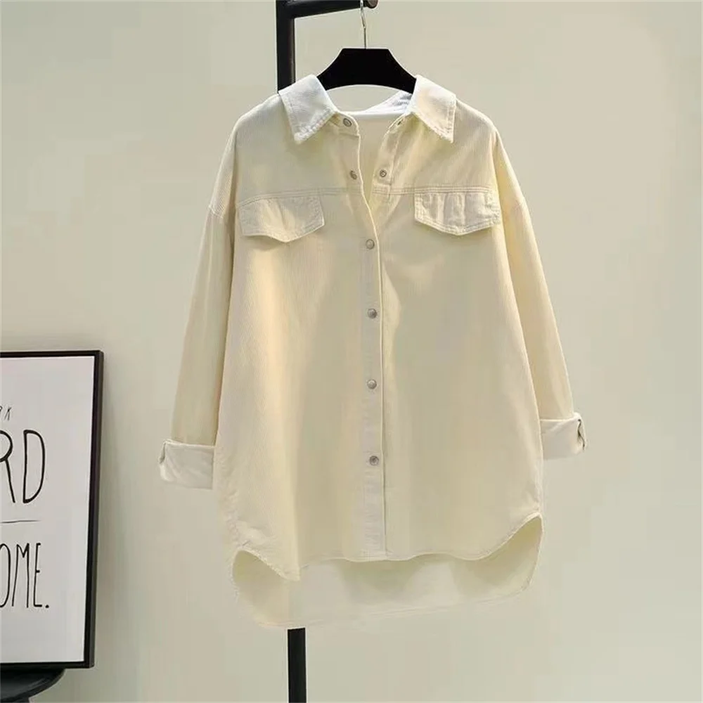 Women's Blouse Office Lady Polo-Neck Solid Double Pocket Long Sleeve Push Button Thicken Corduroy Mid-length Cardigan Coat Shirt