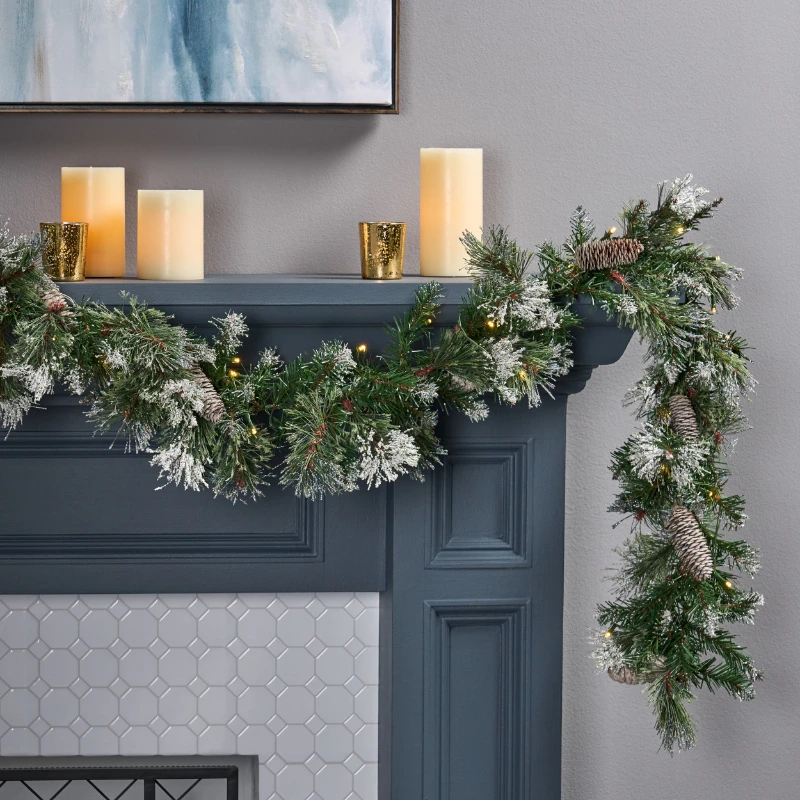 

Foot Artificial Cashmere Pine and Mixed Needle LED Christmas Garland with Flocked Snow and Glitter Branches and Frosted Pinecone