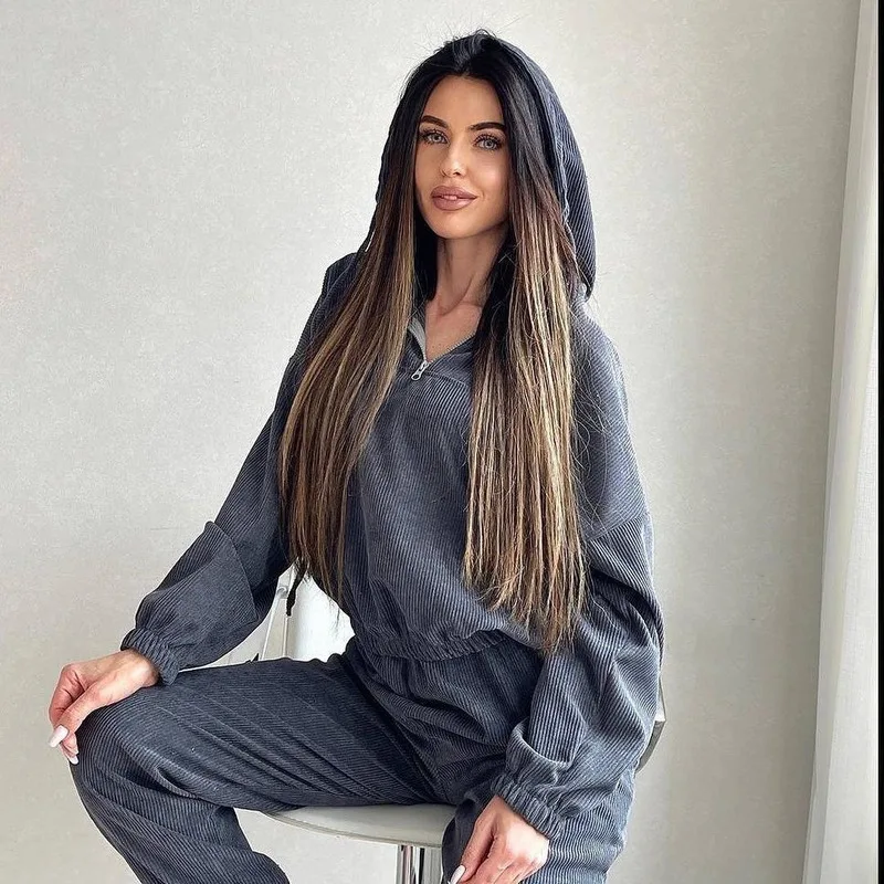 Women's New Autumn and Winter Fashion All-match Sports Set Solid Color Long Sleeve Hooded Zipper Top Women's Trousers Leg Set