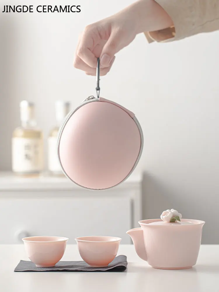 

Portable Travel Tea Set Tea Pot and Cup Storage Set Pink Outdoor Teaware Suit Home Ceramic Beauty Tea Infuser Two Cups In A Pot