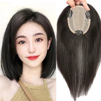 Toppers da donna con base in seta completamente fatta a mano, dimensioni 10X12 cm, base superiore per cuoio capelluto naturale, topper per capelli umani lisci vergini con clip