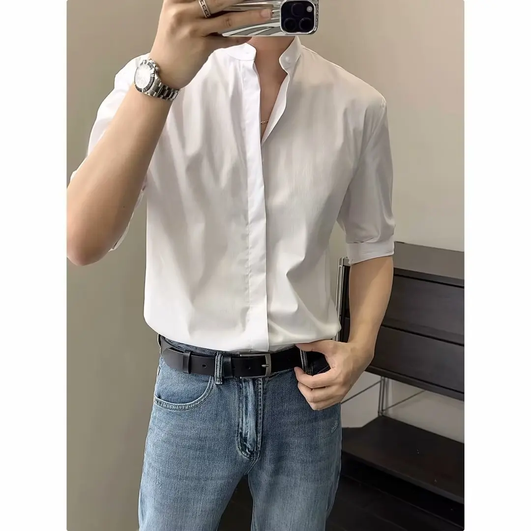 Summer Thin Stand-up Collar Ice Silk Short Sleeved Men Shirts New Chinese Style Business Casual Buttons Slim Half-sleeved Shirt