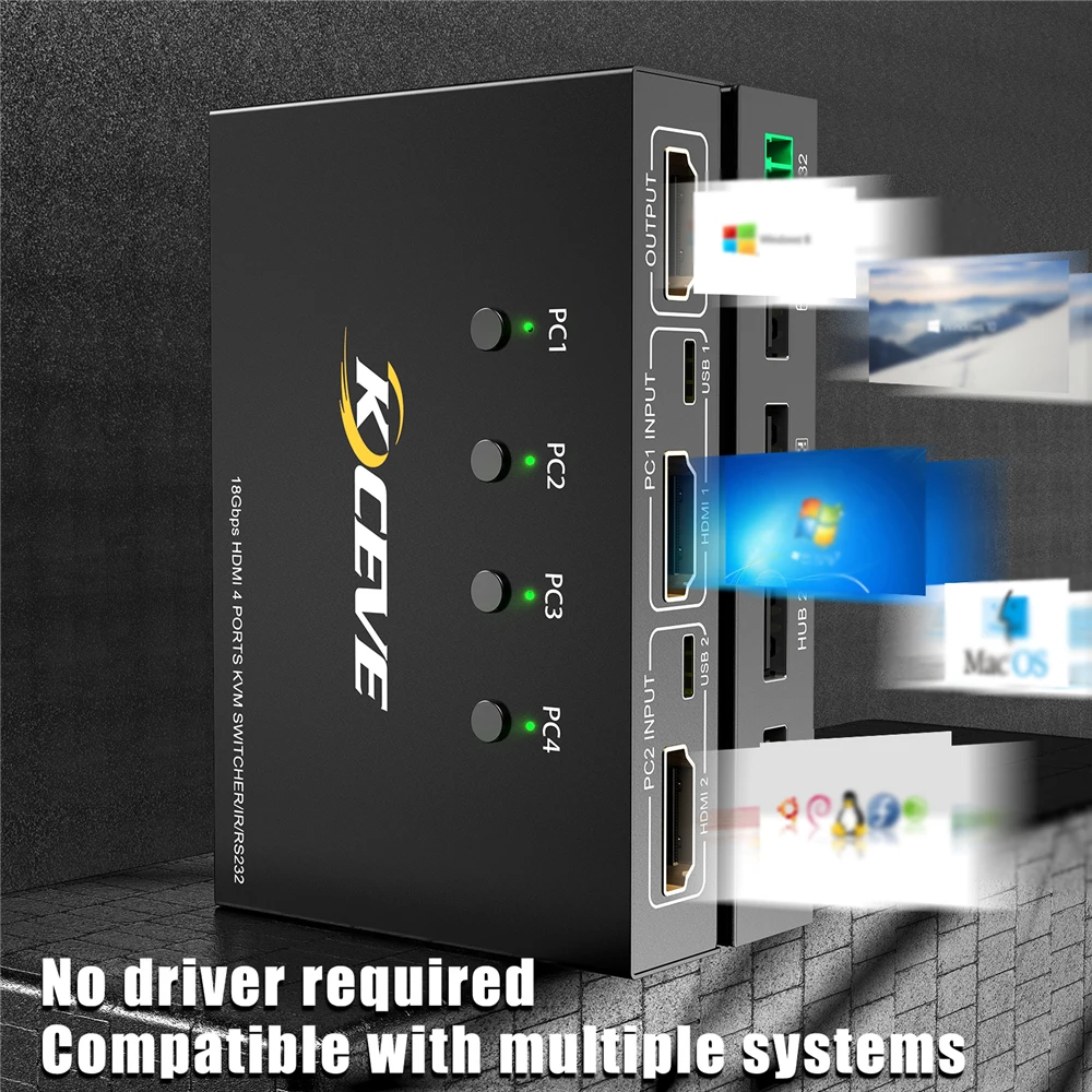 KVM ġ, 4 Ʈ, HD 4K ĳ, USB KVM ġ, 4 in 1 Out  Ű 콺 ÷ Ű ġ, RS232  Ʈ 