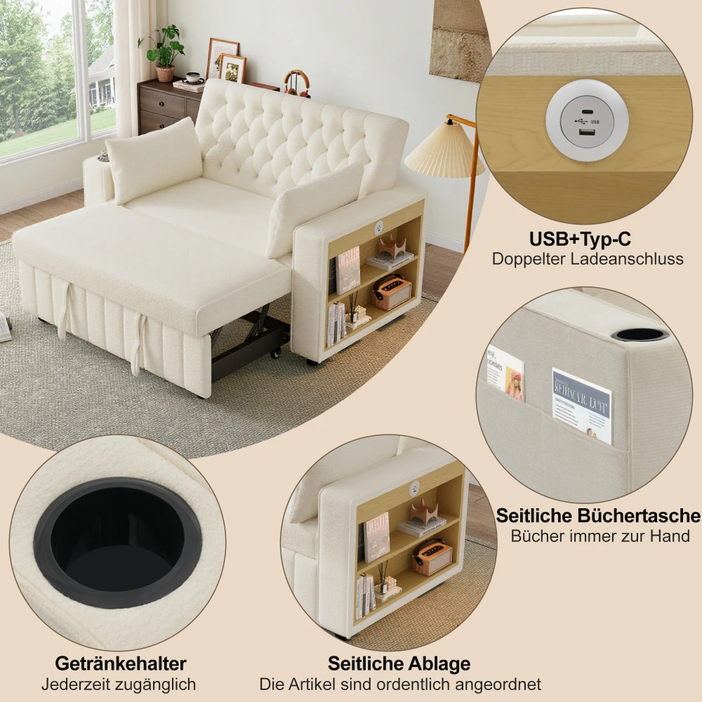 Multifunktionales Schlafsofa, modernes Klappsofa mit Stauraum und Schlaffunktion, Getränkehalter, USB-Ladeanschluss und Kissen – Detail 6