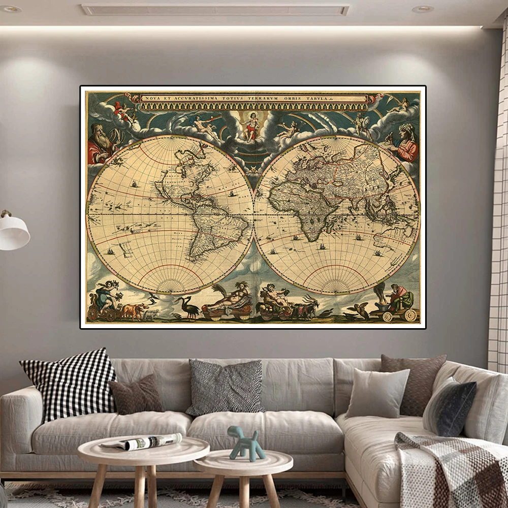 Vintage World Map with Medieval Latin Portuguese Decor Wall Art Poster 150*100cm Living Room Home Decoration School Supplies