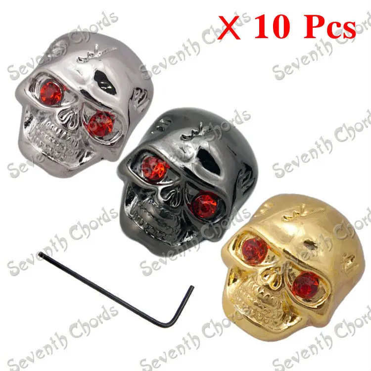 

10 Pcs Metal Skull Head Electric Guitar Bass Replacement Volume Tone Speed Control Knobs/Pot cap//Button - Black - Chrome - Gold