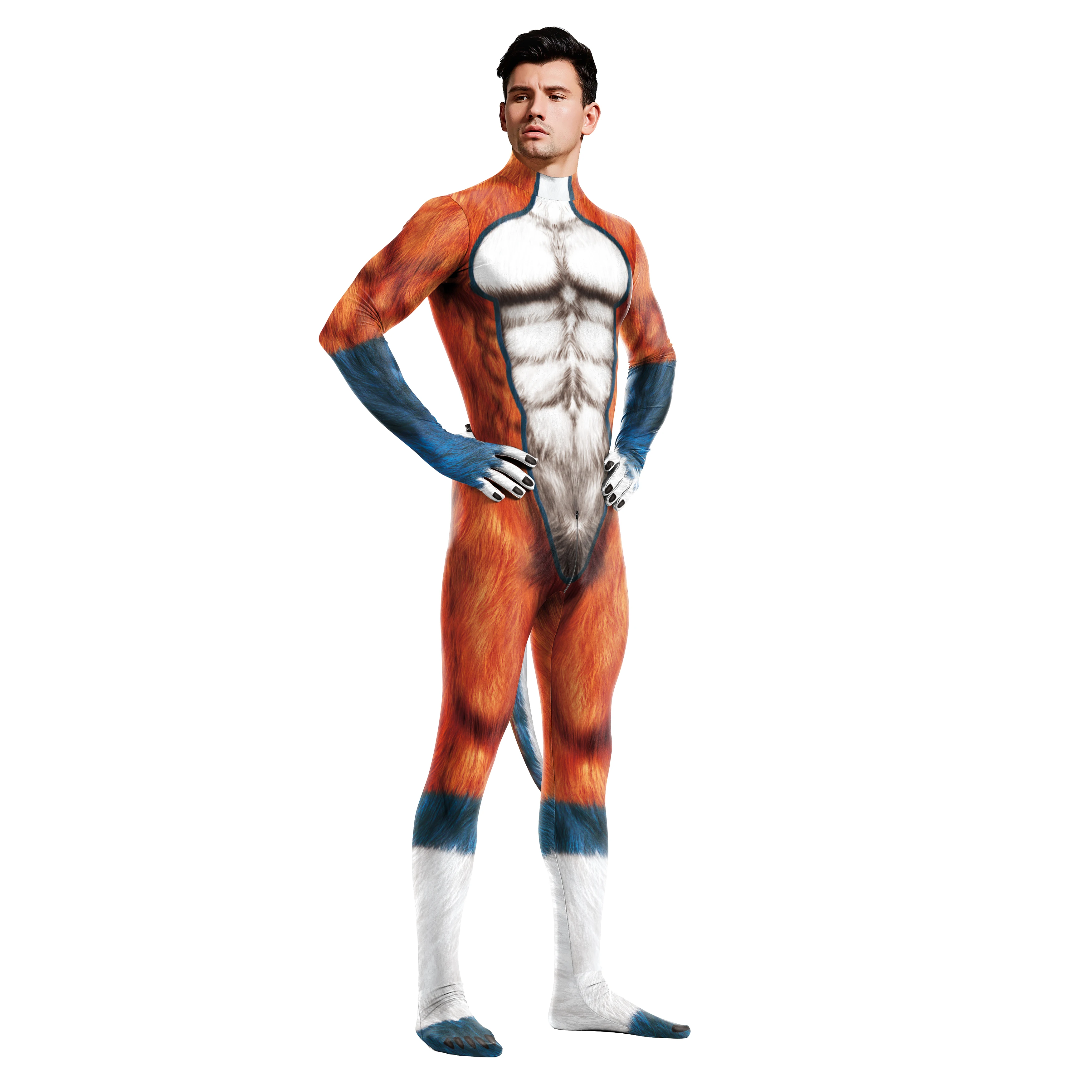 Men 3D Crocodile Texture Printed Animal Cosplay Costume Bodysuit with Tail Crotch Zipper Jumpsuits Catsuit Zentai Suits adult unitard cosplay costume