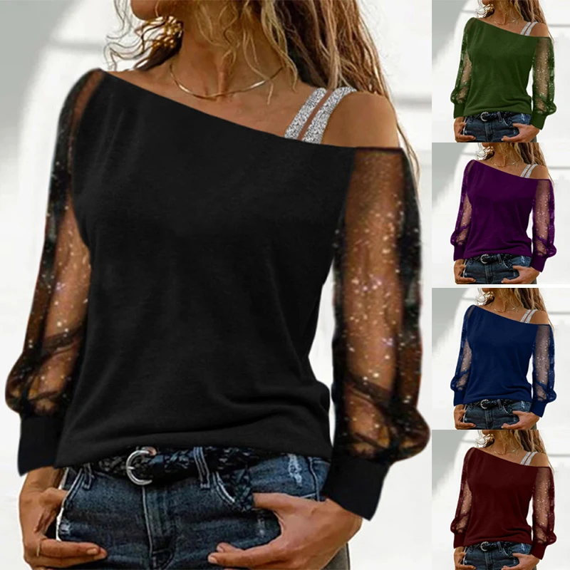 

Women Lace Blouse Fashion Sexy Long Sleeves Skew Collar Off Shoulder Patchwork Tee Top Casual Autumn Solid Color Elegant Blousas