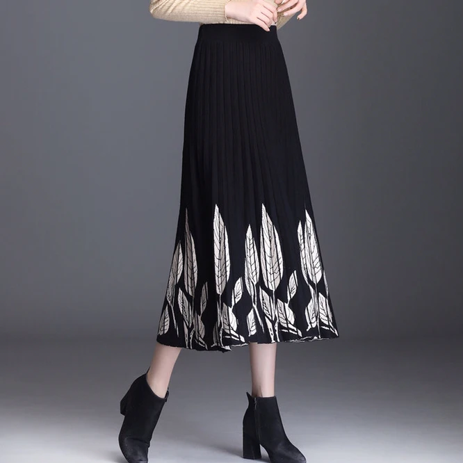 black leather skirt 2021 New Knitted Women's A-line Skirt Mid Autumn Winter Long Wrap Hip High Waist  Printed Skirt Girl's Skirt White Leaves pleated midi skirt Skirts