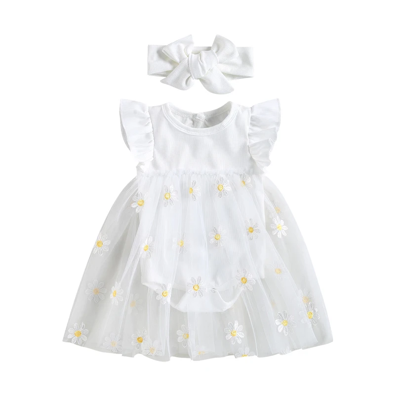 

Zukmuk Infant Girls Tulle Romper Dress Solid Color Ruffle Sleeve Round Neck Daisy Embroidery Mesh Summer Dress Ribbed Tutu