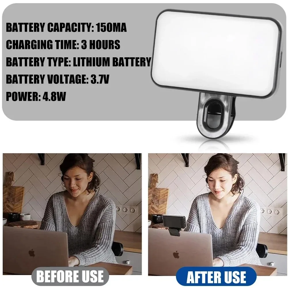 Portable Mini Selfie Fill Light Rechargeable Clip 3 Modes Adjustable Brightness for Phone Laptop Tablet Meeting Make Up selfie fill light