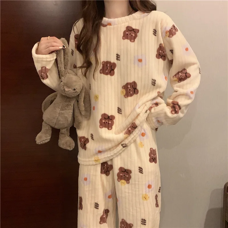 Cute Sweet Autumn Winter Warm Pajama Set Women Fleece Print Soft Homewear Female Sleepwear Pyjamas 2 Piece Sets pijama mujer