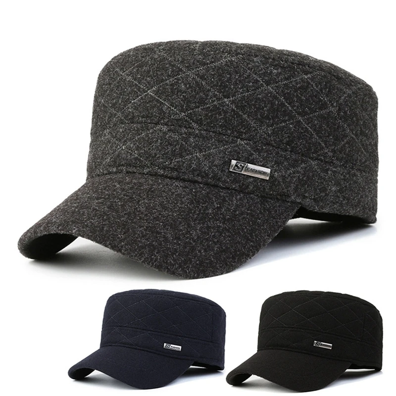 WoolenBlackHatMilitaryWinterWarmHatCapforMenDadHatEarHigh