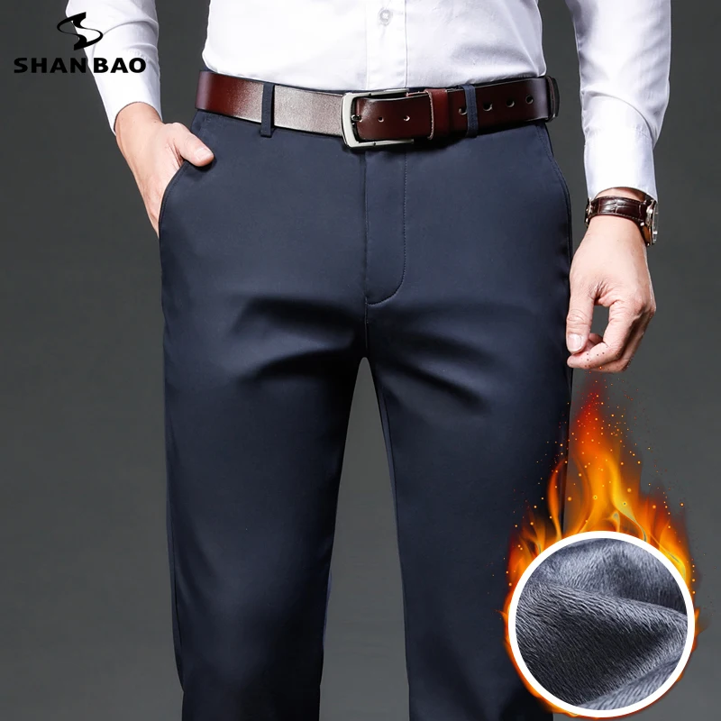 Men Winter Fleece Thick Warm Fit Straight High Waist Cotton Classic Business Casual Trousers