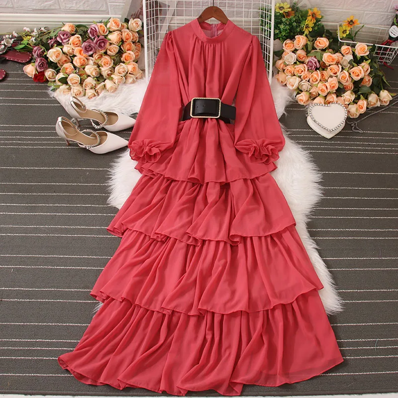 

VANOVICH Spring and Summer New Lantern Sleeve Stand Collar Chiffon Dress Women's Waist Slim Tierred RUFFLES Long A-line Dress