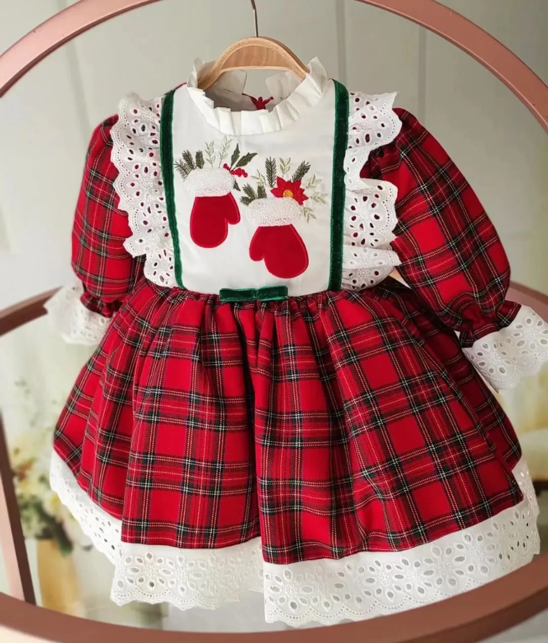 

0-12Y Baby Girl Autumn Red Plaid Gloves Embroidery Turkish Vintage Lolita Princess Ball Gown Dress for Birthday Holiday Eid