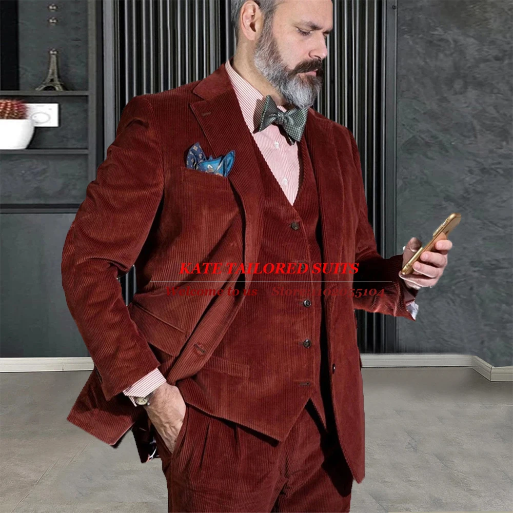 

Corduroy Men's Suits Formal Business 3 Pieces Single Breasted Coat Vest Pants Tailore-Made Plus Size Banquet Groom Wear Tuxedo