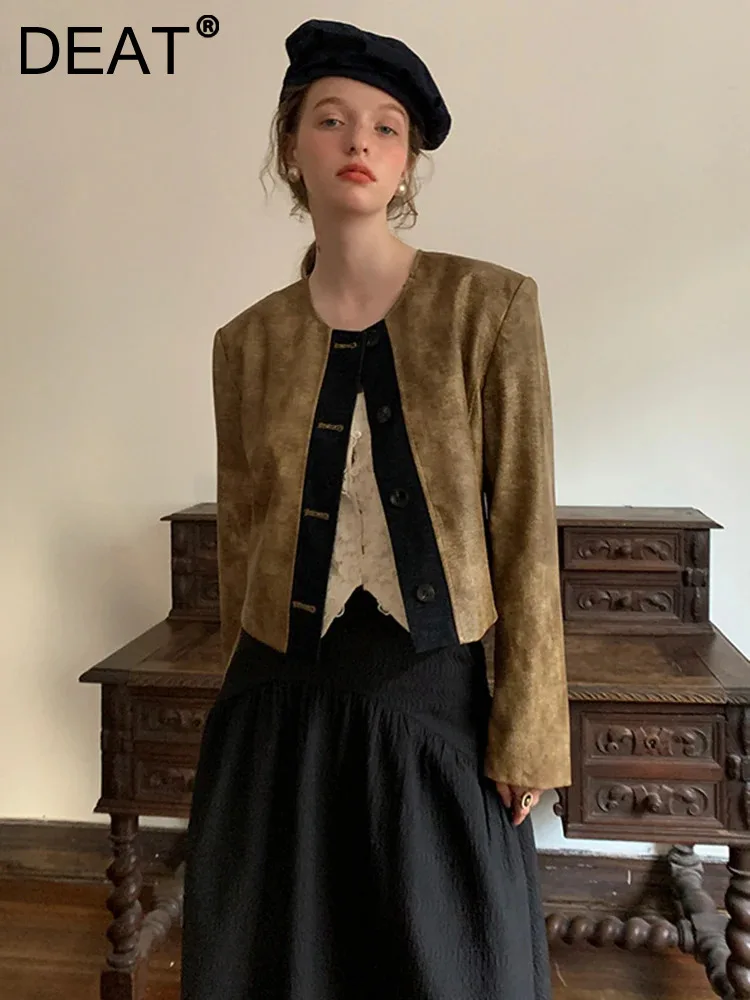 

DEAT Fashion Women's PU Leather Jackets Round Collar Single Breasted Contrast Color Short Jackets Winter 2023 New Tide 7AB2102