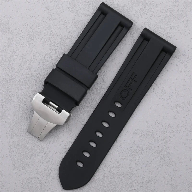 

24mm Nature Quality Rubber Watch Band for Panerai Strap PAM Black Belt With Butterfly Clasp Folding Buckle