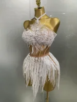 2025 Sexy Pearl Sequins Tassel Sleeveless Glitter Mini Dress Women Singer Bar Nightclub Stage Performance Clothing Show Outfit - Image 2