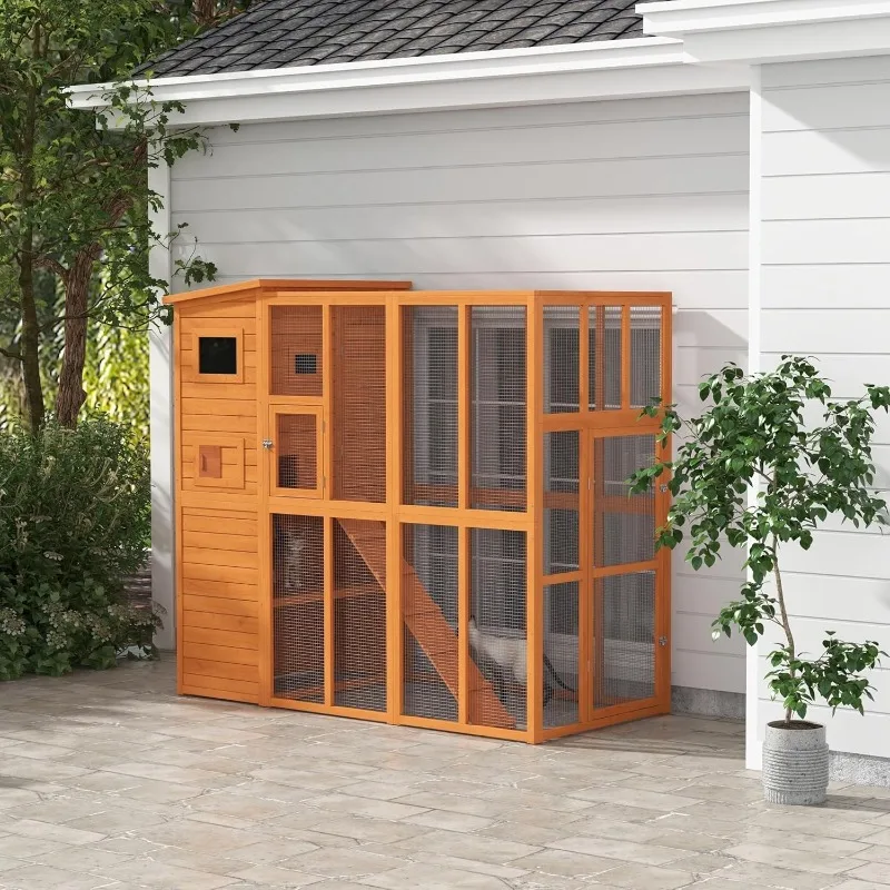Outdoor Catio Cat House Wooden Feral Cat Shelter Cage with Platforms Waterproof Asphalt Roof Ramps 77" L Natural