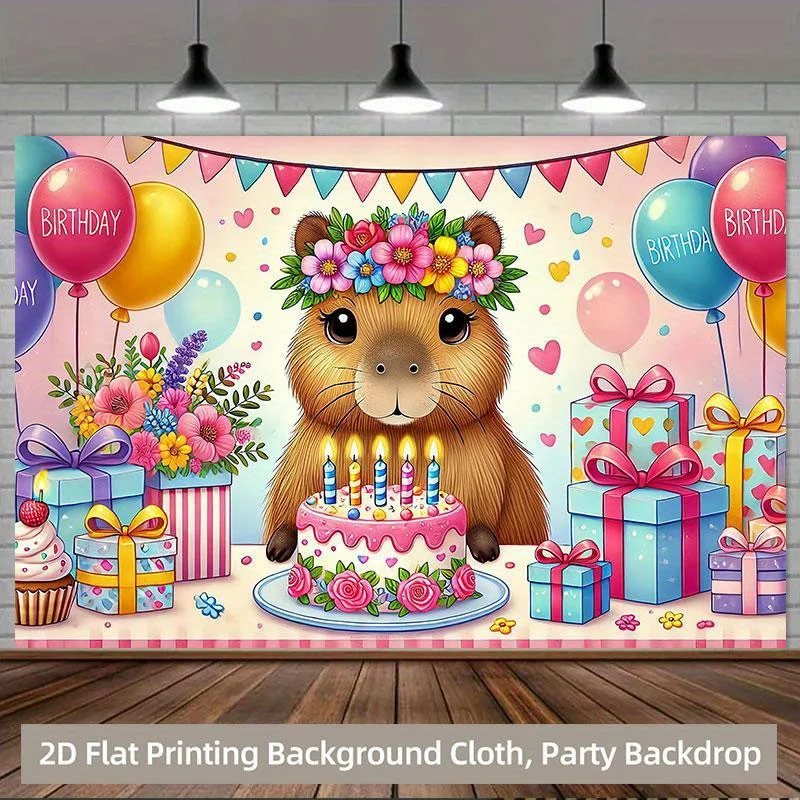 2D-Flugzeug – 1 Stück 2D-Flugzeug Capybara-Geburtstagsparty-Hintergrund: Lebendige Wanddekorationen aus Polyester, Luftballons, Geschenke und Kuchendesigns – Detail 1