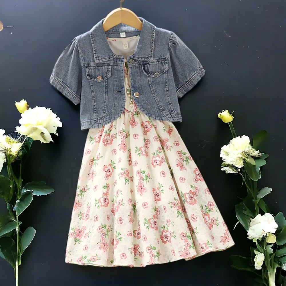 

Girls Outfits Girls Set Short Sleeve Baby Denim Shirt & Dress Teenagers Suit Summer Kids Party Costumes 6 8 9 10 11 12 13 Years