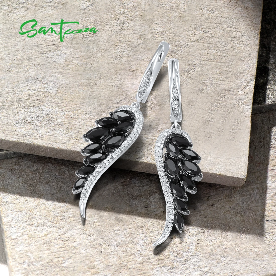 SANTUZZA 925 Sterling Silver Earrings For Women Sparkling Black Spinel White CZ Angel Wings Drop Earrings Trendy Fine Jewelry