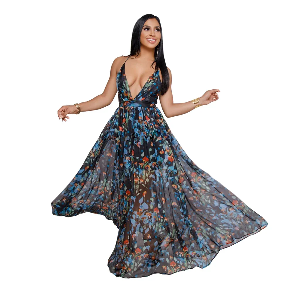 summer Women's Wear spaghetti strap Backless rainbow Chiffon Dresses beach style deep v-neck long dress