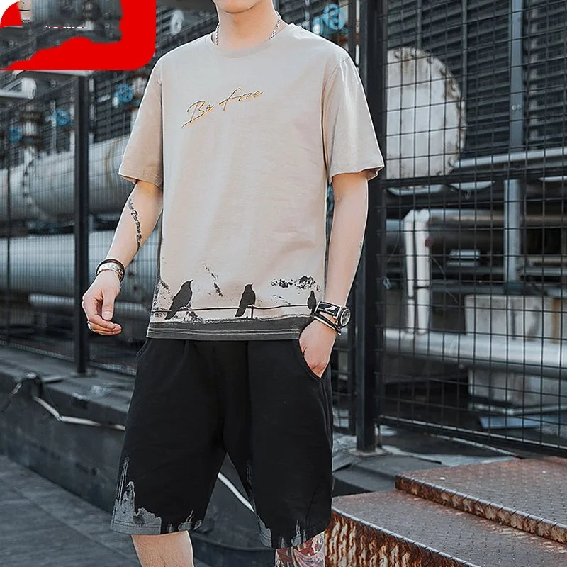 Summer Round Neck Short Sleeve Fashion Printing T-Shirts + Elastic Waist Solid Color Pockets Pants Male Thin Style Shorts Sets
