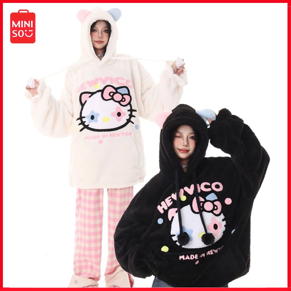 

2023 Miniso Sanrio Hellokitty Fall Winter Embroidered Lamb Wool Hooded Sweatshirt Warm Soft Cute Hoodie Long Sleeve Warm Top