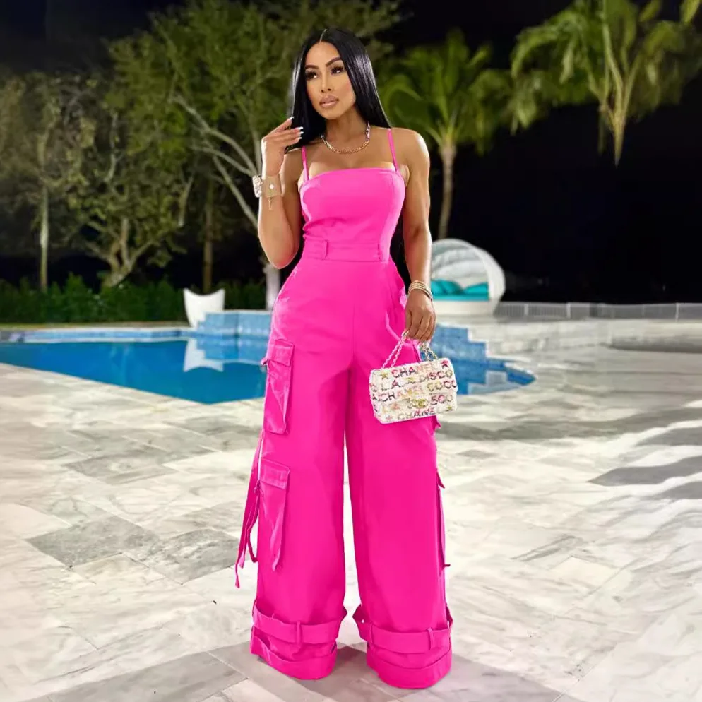 Women Jumpsuit Summer Solid Color Sexy Sleeveless Tube Top Multi-Pocket Cargo Jumpsuit Lady Elegant Club Party Wide Leg Jumpsuit