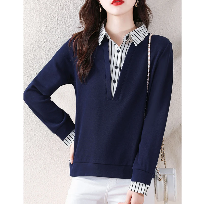 Korean Fashion Elegant Striped Print Patchwork Street Sweatshirt Women Casual Long Sleeve Slim Pullover Top Female Clothing 2023