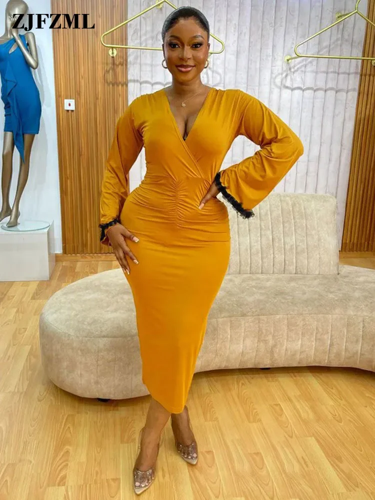

Elegant Solid Color Ruched V-neck Body-shaping Maxi Dress Birthday Vestidos For Women Package Hip Back Split Dresses Robe Femme