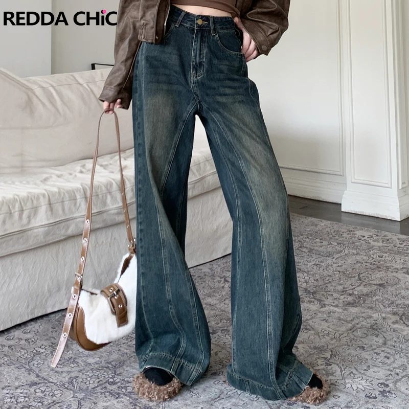 

REDDACHiC Y2k Distressed Blue Baggy Jeans for Women Stitch Wide Leg Plain Casual Pants Baggy Jeans 90s Vintage Ladies Trousers